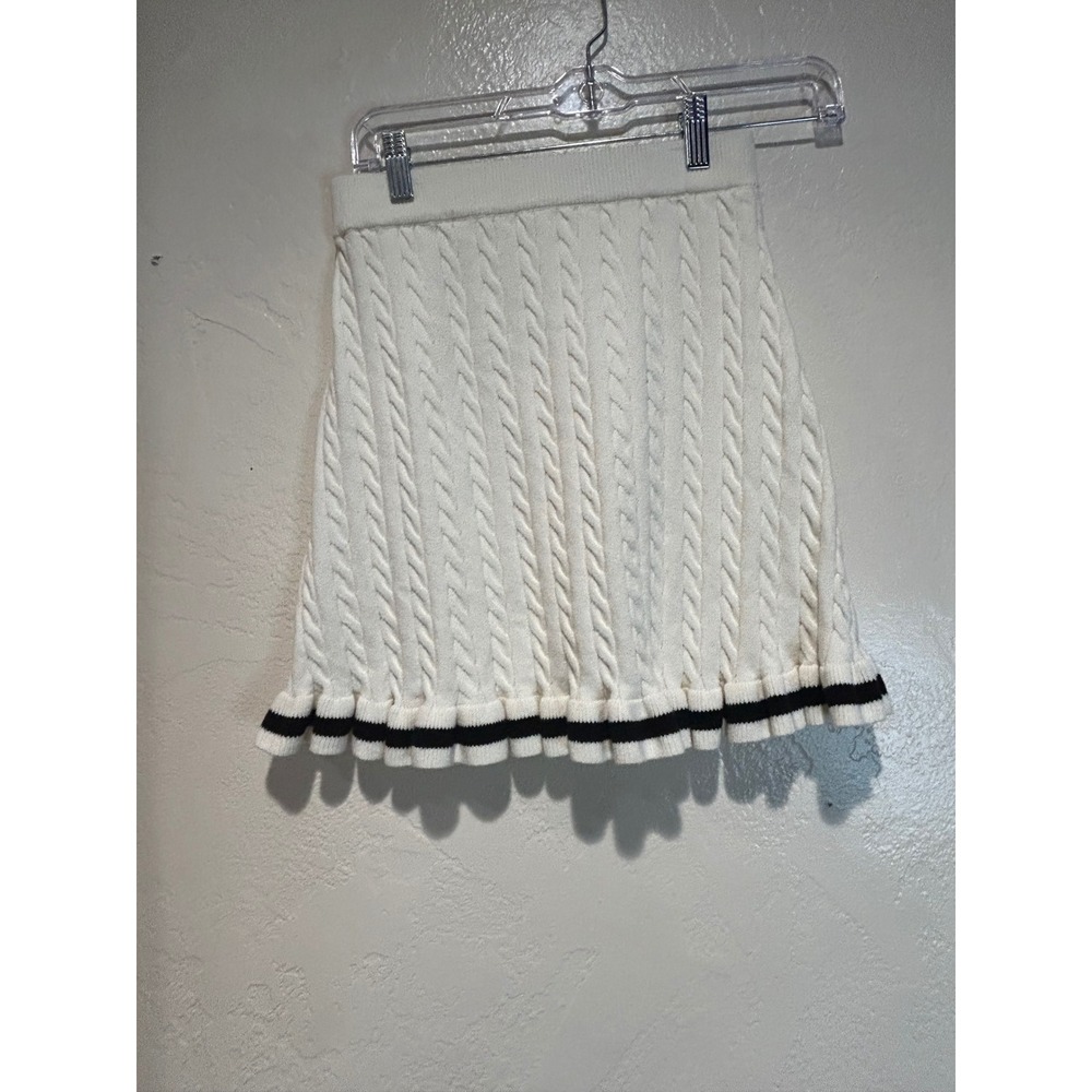 Willow & Wind Womens Cream Cable Knit Mini Skirt Preppy Ruffle Hem Navy Stripe S